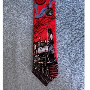Ralph Marlin Steam Train Map Tie Mens OS Red‎ Excellent 1994 Locomotive Vintage